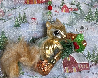 Adorable Bushy Tailed Squirrel Glass Christmas Ornament with Handmade Hanger, Woodand Ornaments, Animal Lover Gifts  FREE SHIPPING