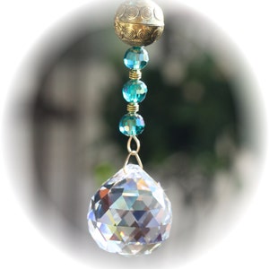 Pretty Suncatcher with Antique Gold Ball, 12mm Faceted Turquoise Beads and Huge 40mm Asfour Crystal Ball, Handmade Hanger, Unique Gifts