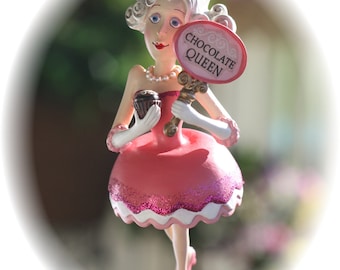 Vintage "Chocolate Queen" Lady Christmas Ornament with Swarovski Crystal Beads and Glass Pearls, Handmade Hanger, Unique Gift, RARE FIND