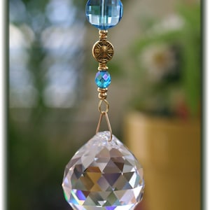 Aquamarine Suncatcher with Huge 40mm Asfour Crystal Ball Prism Handmade Hanger w/Beads Valentine&#39;s Day Gifts Window Art FREE SHIPPING