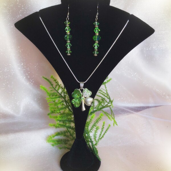 Beautiful Shamrock Jeweled Necklace on Silver Chain and Emerald Swarovski Crystal Pierced Earrings