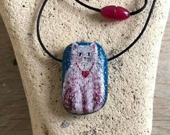 Cute Cat Valentine Gift Large Chunky Pendant Necklace Hand Painted Sea Pottery Valentines Cat Lover Jewellery Gift with Red Heart Detail