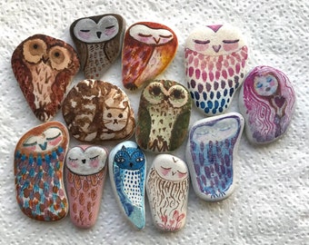 Hand Painted Sea Pottery Owl Cat or Girl Accent Stone Owl Lover Gift Small Ornament Home Decor