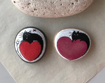Cute Cat Heart Painted Stone Valentine Gift Hand Painted Black Cat Red Heart On Natural Stone Small Rock Mothers Day Cat Lover Gift