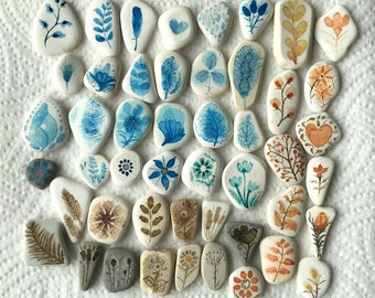 Hand painted Sea Pottery Nature Stones Flower and Fern Cabochon Jewellery Crafts Supplies or Gift