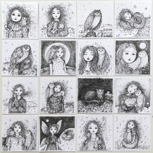 May include: A grid of sixteen small square art prints. Each print showcases a detailed black and white illustration of a girl or woman, frequently with an owl. The artwork has a whimsical, fairytale-like quality, with intricate linework and expressive figures.