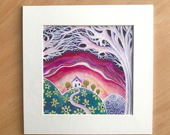 Woods Edge Original Painting whimsical House Green Hills Pink Sky Acrylic Tree Painting Home Decor Small Mounted Original