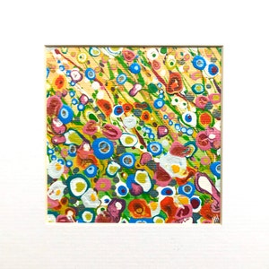 May include: Abstract painting with a colorful, swirling pattern of blue, green, yellow, red, and white. The painting has a textured surface and a modern style.