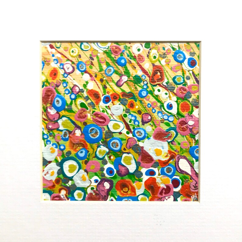 May include: Abstract painting with a colorful, swirling pattern of blue, green, yellow, red, and white. The painting has a textured surface and a modern style.