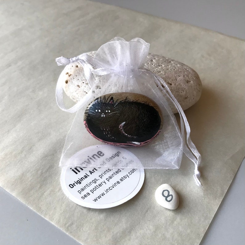 Black Cat Hand Painted Stone Small Ornament Collector Whimsical Curio Cat Lover Gift Black and White Cats on Natural Stone Home Accent Gifts 8