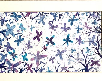 Dragonflies Purple and Blue Original art painting Acrylic inks on paper Mounted original Home Decor