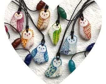 Cute Owl Pendant Necklace Valentine Gift Hand Painted Sea Pottery Owl Lover Animal and Nature Jewellery Gift Decorative Colourful Owl
