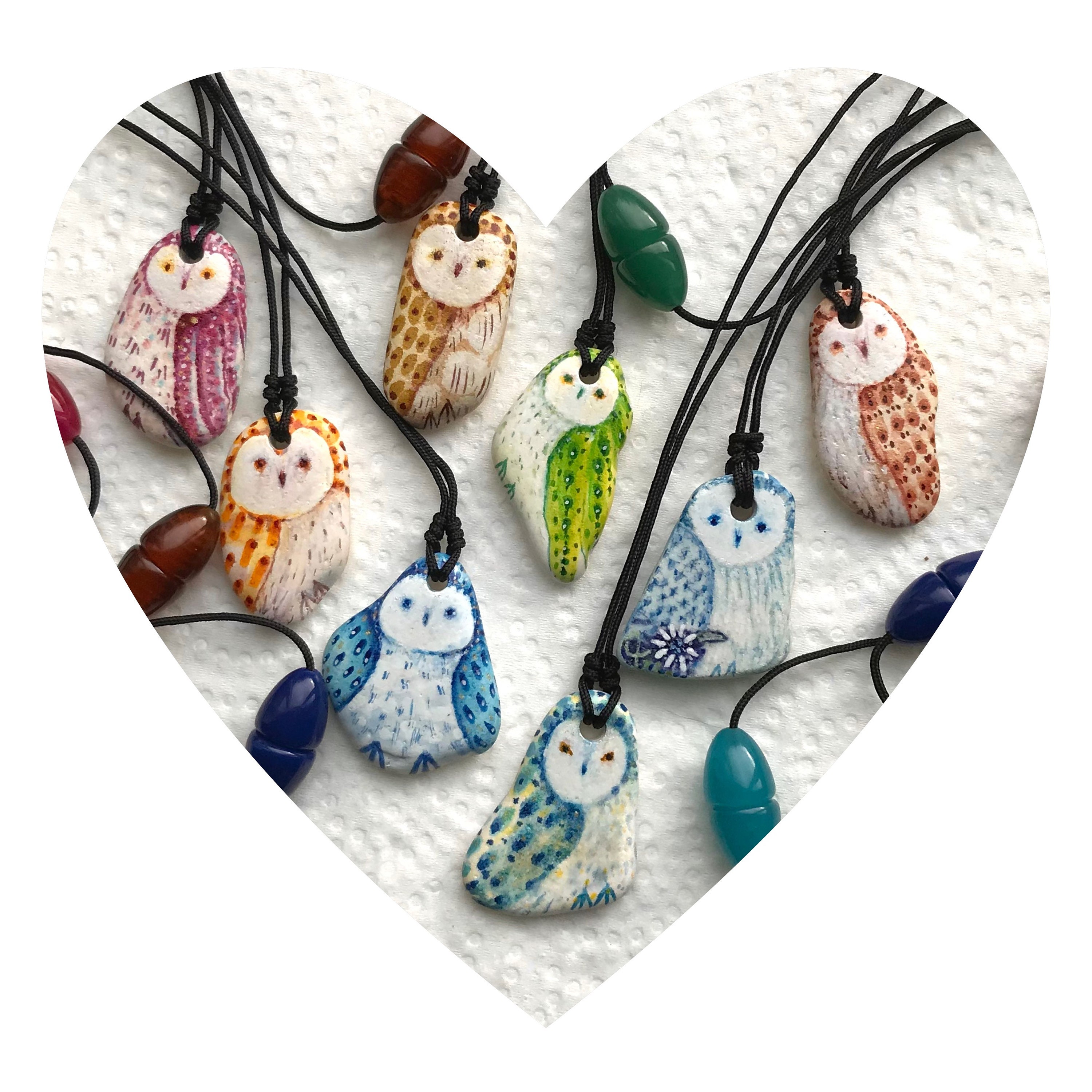Cute Owl Pendant Necklace Hand Painted Sea Pottery Animal and Nature Owl Lover Gift Decorative Colou