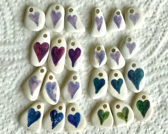 Hand Painted Sea Pottery Rustic Heart Charms Top Drilled 2mm Holes Jewellery Craft Supplies Gift