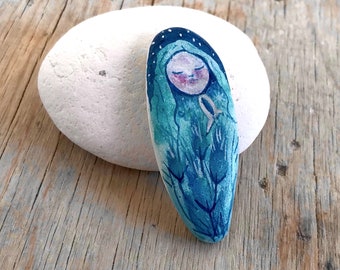 Hand Painted Sea Pottery Sweet Girl Painted Stone Christmas Gift Small Ornament Turquoise and Blue Home decor