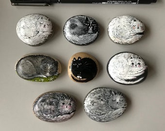 Sweet Cat Hand Painted Stone Black White or Grey Cat on Natural Stone Small Ornament Home Accent Collector Curio Cat Lover Memorial Gift