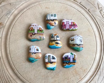 Cute Caravan by the Sea with a Cat or Cats Hand Painted Sea Pottery Cat Lover Gift Painted Stone Small Ornament Home Decor Seaside Souvenir