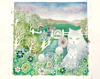 Safe Haven Original Painting Girl with Cats Garden Painting Home Decor Art Acrylic Painting On Paper