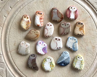 Cute Owl Pocket Stone Hand Painted Sea Pottery Whimsical Owl Painted Stone Owl Lover Gift Small Ornament Home Accent Birthday Thank You Gift