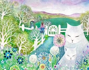 Safe Haven Limited Edition Art Print Cats and Girl Flower Garden Moorland View Small Wall Art Print Girls Room Home Decor Gift