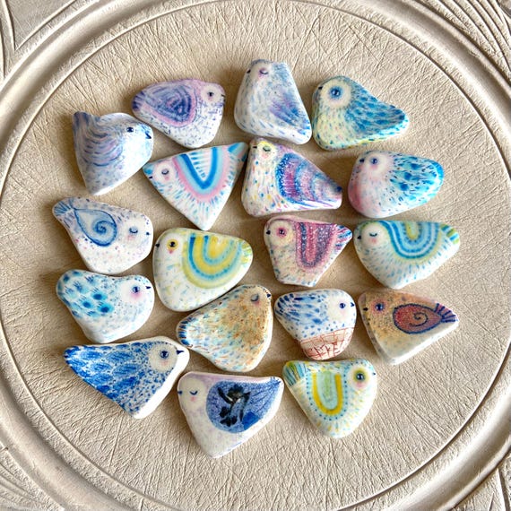 Blue Bird Pocket Stone Hand Painted Sea Pottery Cute Little Bird Painted Stone Small Ornament Home Accent Love Hope and Joy Keepsake Gift