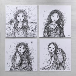 Whimsical Girl and Cat or Owl Original Pen and Ink Drawing Small Unmounted Original Art