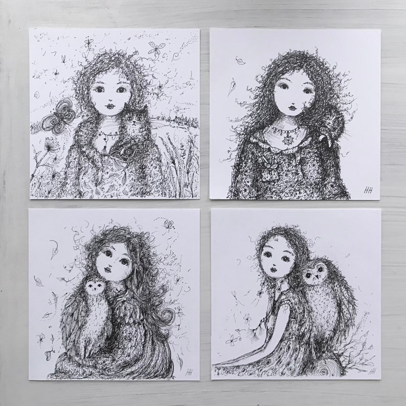 Whimsical Girl and Cat or Owl Original Pen and Ink Drawing Small Unmounted Original Art image 1