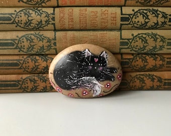 Little Black Cat Hand Painted Stone Paperweight Small Ornament Home Accent Collector Curio Decorative Cat Lover Gift Girl Birthday Desk Gift