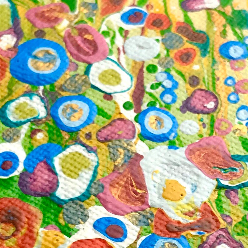 May include: Abstract painting with a colorful, textured background. The painting features a variety of shapes and colors, including blue, green, yellow, red, and white. The painting is reminiscent of a garden with flowers and leaves.