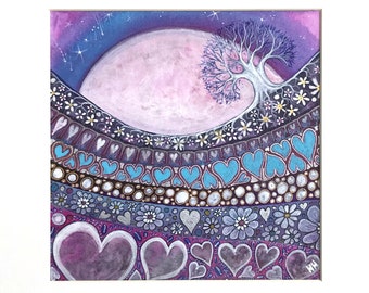 I Heart You Original Painting Valentine Moon Tree and Hearts Acrylic ink Mounted Original Art