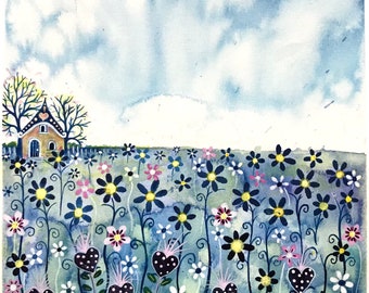 Little Chapel Meadow Original Painting Blue Flower Meadow Home Decor Acrylic Painting on Paper