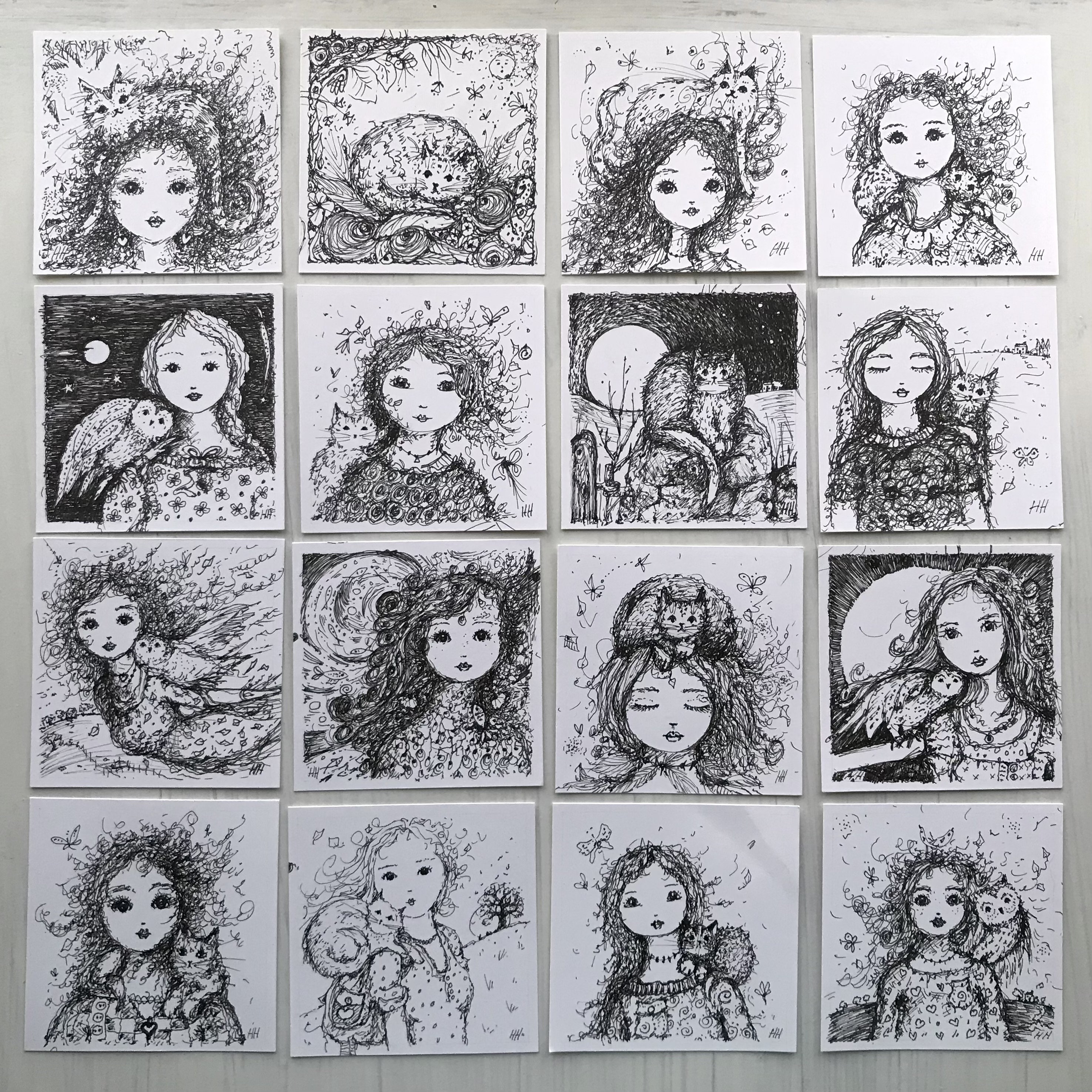 Whimsical Girl and Cat or Owl Original Pen and Ink Drawing Small Unmounted Original Art
