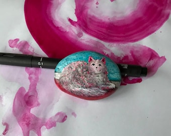 Cute Cat Paperweight Hand Painted Stone Small Ornament Home Accent Collector Curio Whimsical Cat Lover Gift Girl Birthday Pink Desk Gift