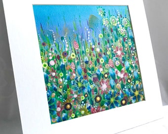 Full Bloom Flower Meadow Green and Gold Acrylic Light Impasto Mounted Original Painting