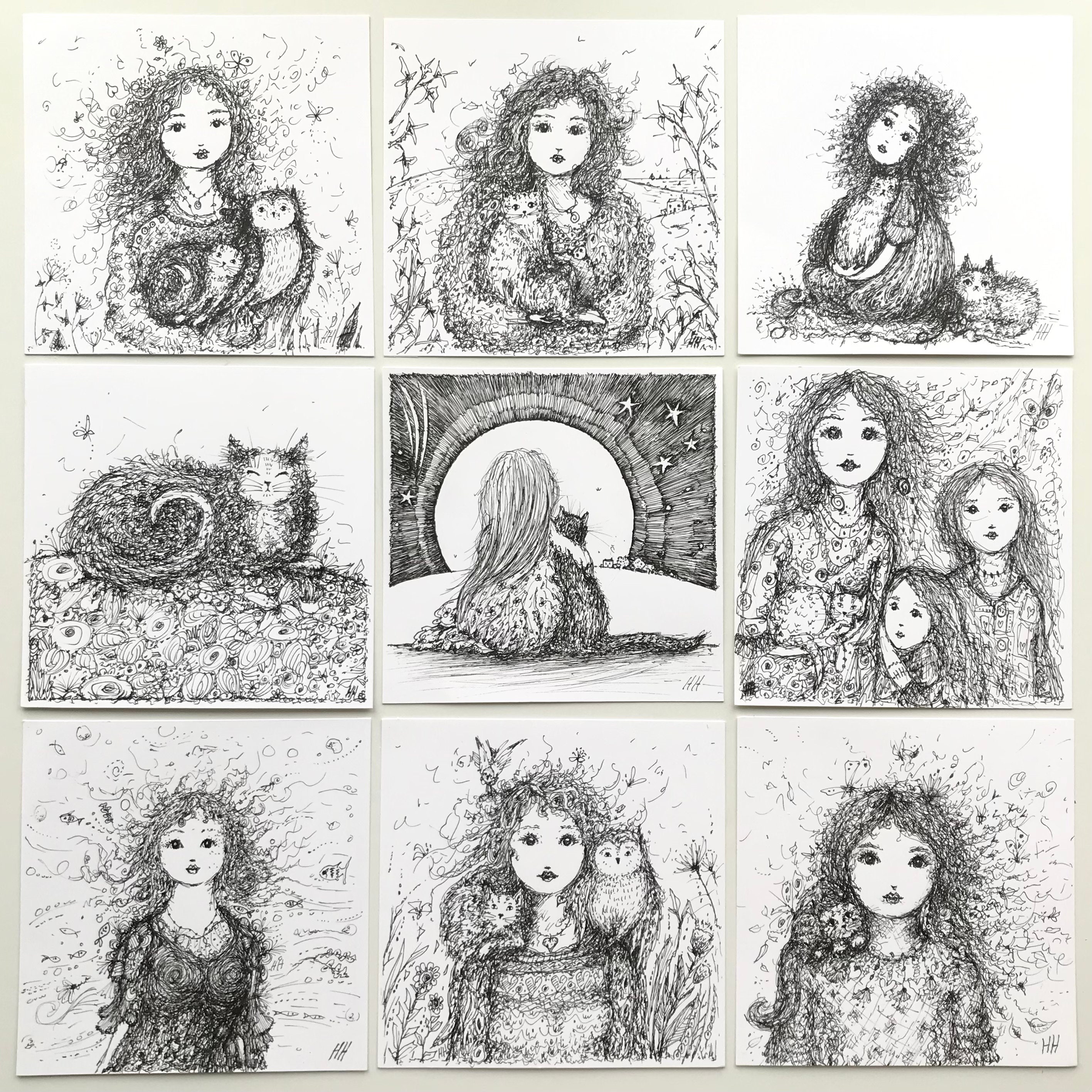 Whimsical Girl and Cat or Owl Original Pen and Ink Drawing Small Unmounted Original Art