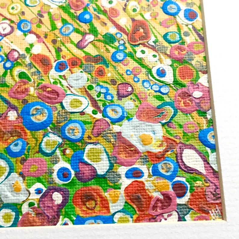 May include: Abstract painting with a colorful, textured background. The painting features a variety of shapes and colors, including blue, green, yellow, red, and white. The paint is applied in a thick, textured layer, creating a three-dimensional effect.