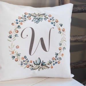 Rustic wreath Monogram pillow on soft white twill beautiful wedding, or housewarming gift image 1