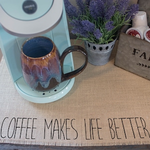 Coffee makes life better, burlap coffee maker placemat, farmhouse decor, coffee lover gift, coffee bar, coffee mat, coffee bar accessories image 1