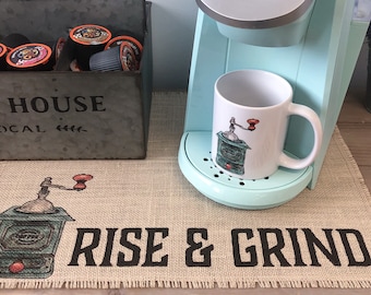 Rise and Grind, Burlap Coffee Mat, Coffee Lover Gift, Keurig Coffee Mat, Farmhouse Kitchen Decor, Farmhouse Coffee Mat, Coffee Bar