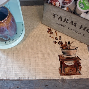 Vintage Coffee Grinder burlap coffee maker placemat, farmhouse decor, coffee lovers gift, coffee bar, coffee mat, coffee bar accessories