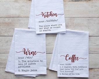 Funny Kitchen Towels! Coffee, Wine, Kitchen Definitions - Set of Three Premium Tea Towels