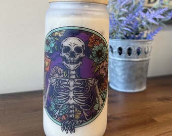 18oz Skeleton Frosted Glass Cup with Bamboo Lid and Straw - Dead Without Coffee