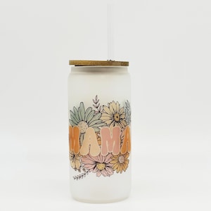 Retro Mama 18oz frosted glass cup Vintage Flower design w/ bamboo lid & straw