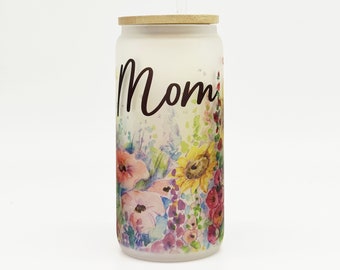 Mom Custom Wildflowers frosted glass cup floral design w/ bamboo lid & straw