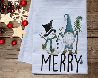 Merry Snowman and Gnome Friends Christmas Dish Towel -   premium flour sack tea towel Holiday kitchen decor winter decorations
