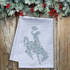 Wyoming Steamboat Bucking Horse Dish Towel in blue pip berry pattern -  premium flour sack tea towel