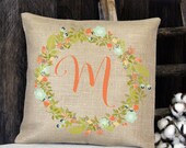 Peach Floral Wreath Monogram burlap throw pillow for your entryway bench front porch rocking chair great wedding or housewarming gift