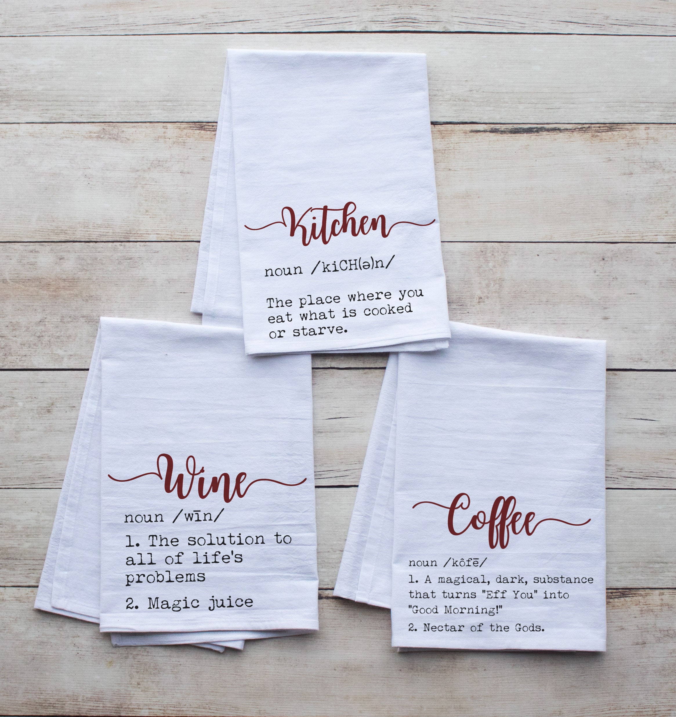 Funny Kitchen Towels! Coffee, Wine, Kitchen Definitions - Set of Three  Premium Tea Towels