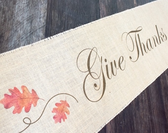 Give Thanks Burlap Table Runner: Autumn Oak Leaf Harvest Decor