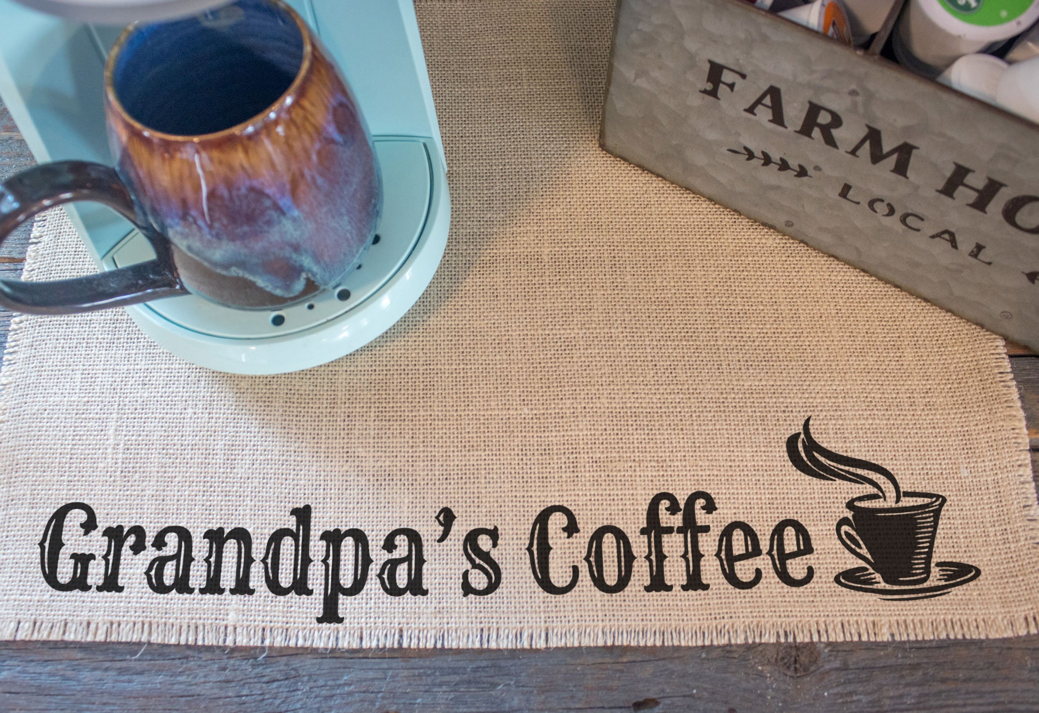 Grandpa's Coffee - burlap coffee maker placemat, farmhouse decor, coffee  bar, coffee gift, grandpa gift, coffee mat, coffee bar accessories